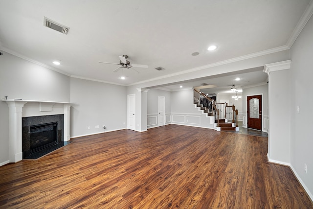 1517 Asbury St, Houston, TX 77007 - unfurnished living room with stairway, dark wood-type flooring, ceiling fan, a tile fireplace, and recessed lighting