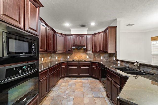 1517 Asbury St, Houston, TX 77007 - kitchen featuring black appliances, dark stone counters, ornamental molding, tasteful backsplash, and a peninsula