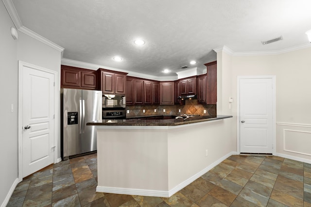 1517 Asbury St, Houston, TX 77007 - kitchen featuring stainless steel fridge with ice dispenser, black microwave, tasteful backsplash, ornamental molding, and dark stone finish flooring