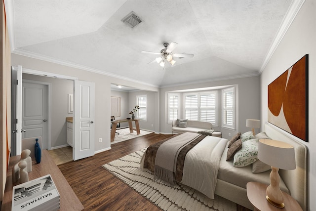 1517 Asbury St, Houston, TX 77007 - bedroom with vaulted ceiling, wood finished floors, ornamental molding, and ceiling fan