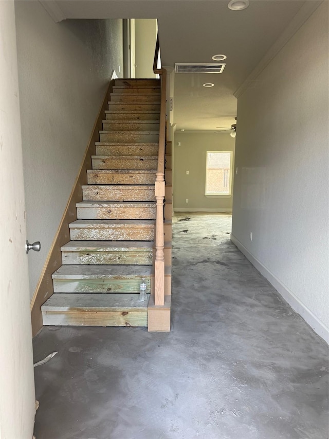 5503 Bacher St, Houston, TX 77028 - staircase with concrete floors, attic access, and crown molding
