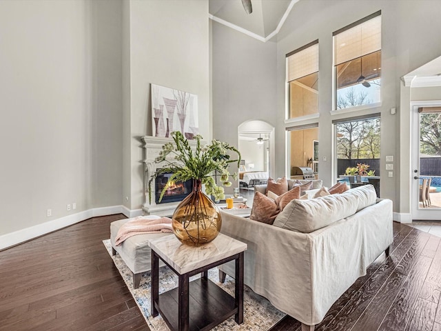 11913 Barryknoll Ln, Houston, TX 77024 - living area with a ceiling fan, a towering ceiling, dark wood-style flooring, a glass covered fireplace, and crown molding