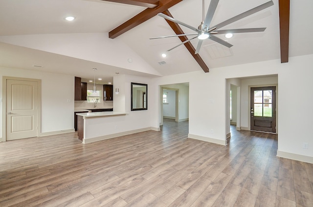 14835 Charlmont Dr, Houston, TX 77083 - unfurnished living room featuring beam ceiling, light wood finished floors, a ceiling fan, recessed lighting, and high vaulted ceiling