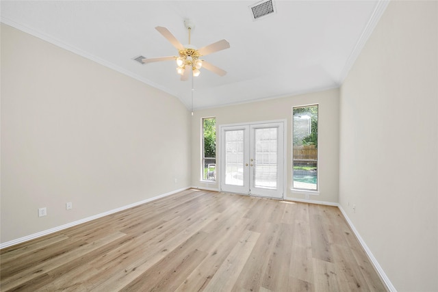 3106 Rainbow Ct, Pearland, TX 77584 - unfurnished room with french doors, crown molding, light wood-style flooring, and ceiling fan