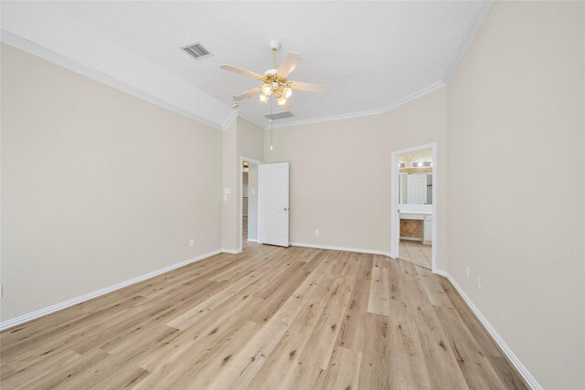 3106 Rainbow Ct, Pearland, TX 77584 - spare room featuring light wood-style flooring, ornamental molding, and ceiling fan