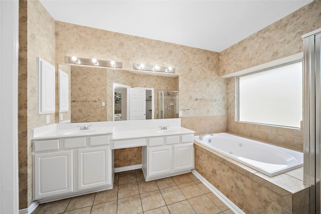 3106 Rainbow Ct, Pearland, TX 77584 - bathroom with a stall shower, a jetted tub, tile patterned floors, and double vanity