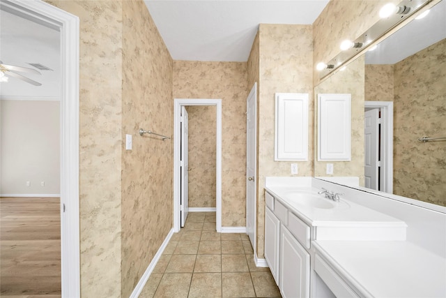 3106 Rainbow Ct, Pearland, TX 77584 - bathroom featuring vanity, a ceiling fan, and tile patterned flooring