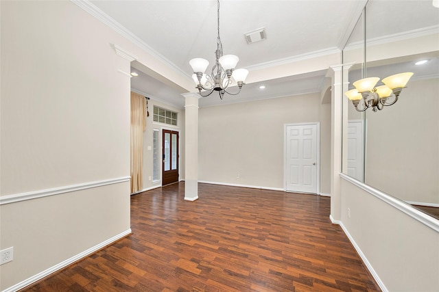 3106 Rainbow Ct, Pearland, TX 77584 - empty room featuring a chandelier, crown molding, wood finished floors, decorative columns, and recessed lighting