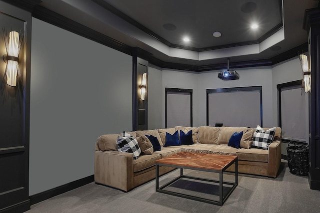 227 Starlight Pl, The Woodlands, TX 77380 - home theater room with ornamental molding, carpet, and a tray ceiling