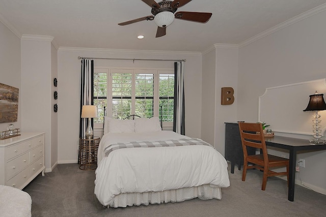 227 Starlight Pl, The Woodlands, TX 77380 - carpeted bedroom with ornamental molding and ceiling fan