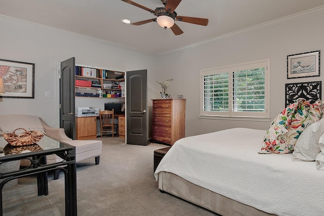 227 Starlight Pl, The Woodlands, TX 77380 - bedroom with ornamental molding, light carpet, ceiling fan, and an office area