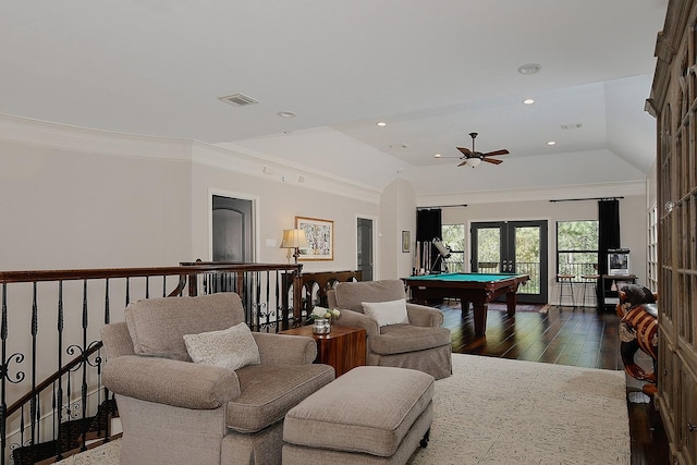 227 Starlight Pl, The Woodlands, TX 77380 - playroom with pool table, french doors, dark wood-style flooring, ornamental molding, and a ceiling fan