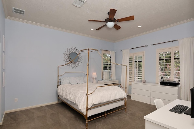 227 Starlight Pl, The Woodlands, TX 77380 - bedroom featuring ornamental molding, dark carpet, recessed lighting, and a ceiling fan