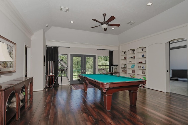 227 Starlight Pl, The Woodlands, TX 77380 - rec room featuring built in shelves, french doors, wood finished floors, pool table, and a ceiling fan