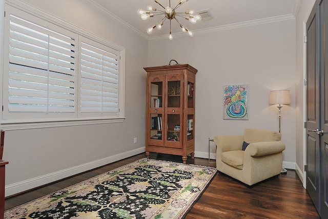 227 Starlight Pl, The Woodlands, TX 77380 - living area with dark wood-type flooring, a chandelier, and ornamental molding