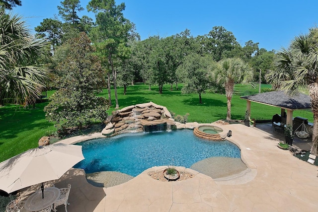 227 Starlight Pl, The Woodlands, TX 77380 - view of pool with a gazebo, a patio, a lawn, and a pool with connected hot tub