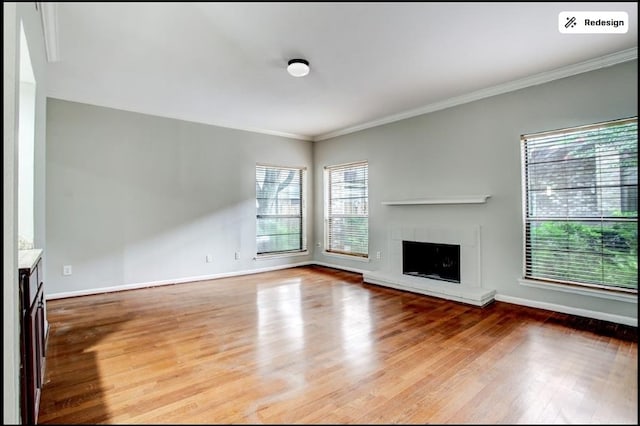 8100 Cambridge St Unit 49, Houston, TX 77054 - unfurnished living room featuring a fireplace with raised hearth, wood finished floors, and ornamental molding