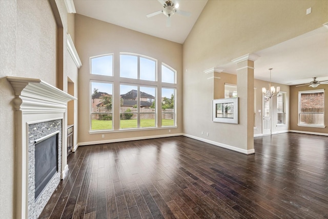 4503 Riley Way Ln, Sugar Land, TX 77479 - unfurnished living room with a fireplace, ceiling fan, healthy amount of natural light, and high vaulted ceiling