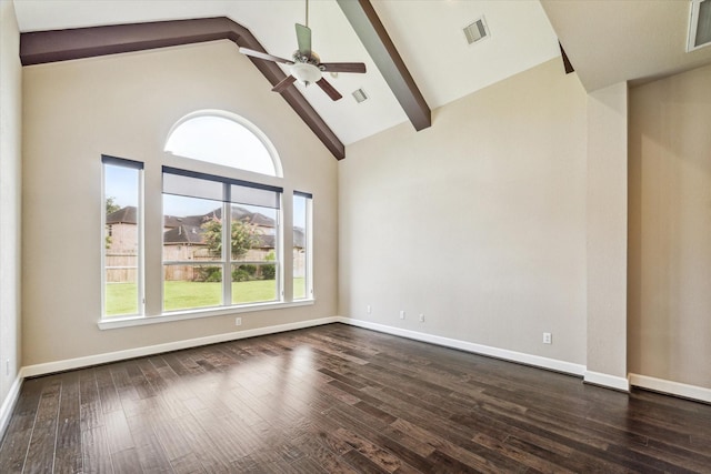 4503 Riley Way Ln, Sugar Land, TX 77479 - empty room featuring beamed ceiling, a ceiling fan, dark wood-type flooring, and high vaulted ceiling