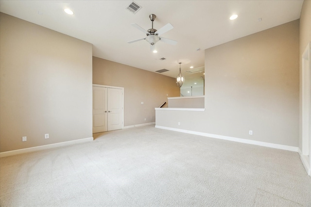 4503 Riley Way Ln, Sugar Land, TX 77479 - unfurnished living room with light carpet, ceiling fan, and recessed lighting