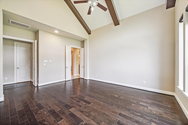 4503 Riley Way Ln, Sugar Land, TX 77479 - spare room featuring ceiling fan, dark wood finished floors, beamed ceiling, high vaulted ceiling, and recessed lighting