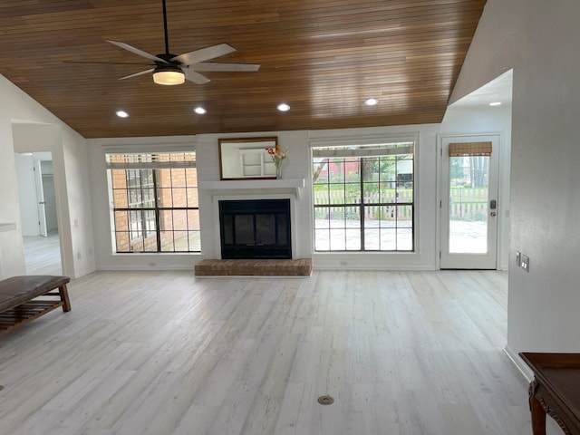 3419 Willowrun Dr, Montgomery, TX 77356 - unfurnished living room featuring wooden ceiling, a ceiling fan, wood finished floors, lofted ceiling, and a fireplace