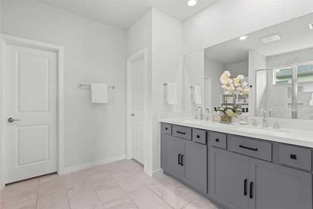 8814 Riverton Ridge Rd, Cypress, TX 77433 - bathroom with double vanity, a shower stall, and recessed lighting