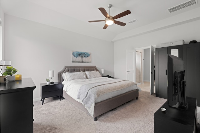 8814 Riverton Ridge Rd, Cypress, TX 77433 - bedroom with light colored carpet, lofted ceiling, and a ceiling fan