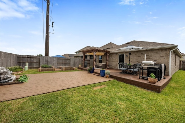 19919 Epirus Shores Dr, Hockley, TX 77447 - back of house with a wooden deck, a fenced backyard, a pergola, roof with shingles, and a garden