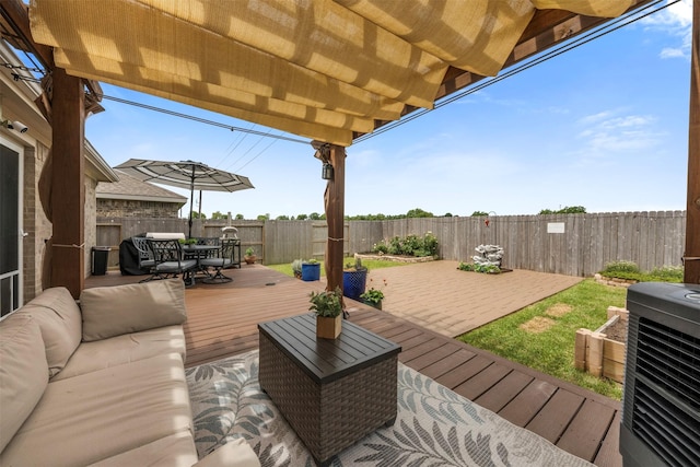 19919 Epirus Shores Dr, Hockley, TX 77447 - deck with outdoor dining area, outdoor lounge area, a fenced backyard, and a pergola