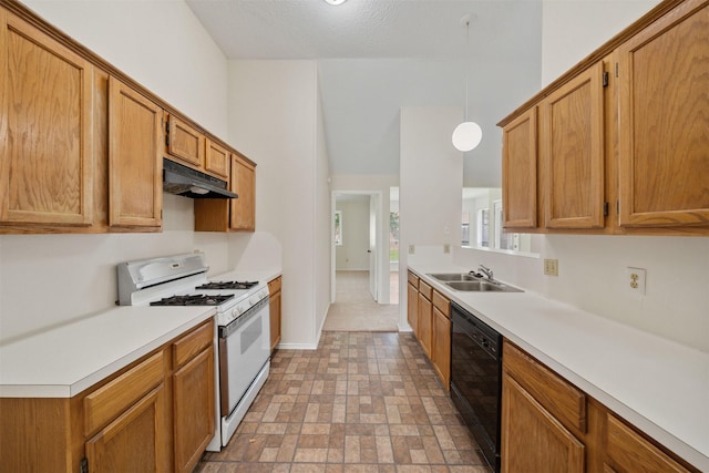 11423 Sunny Creek Dr, Houston, TX 77066 - kitchen with white gas range oven, dishwasher, under cabinet range hood, light countertops, and decorative light fixtures