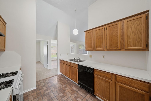 11423 Sunny Creek Dr, Houston, TX 77066 - kitchen featuring dishwasher, white gas stove, light countertops, brick patterned floors, and vaulted ceiling