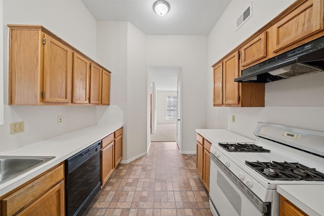11423 Sunny Creek Dr, Houston, TX 77066 - kitchen featuring white range with gas cooktop, dishwasher, under cabinet range hood, light countertops, and a textured ceiling
