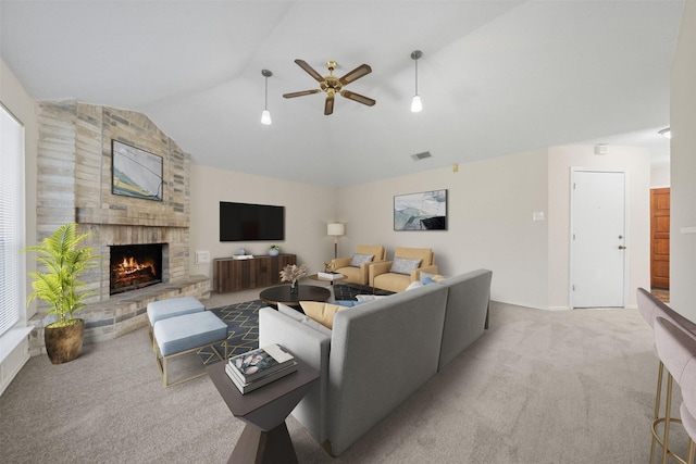 11423 Sunny Creek Dr, Houston, TX 77066 - living area featuring carpet flooring, vaulted ceiling, a brick fireplace, and ceiling fan