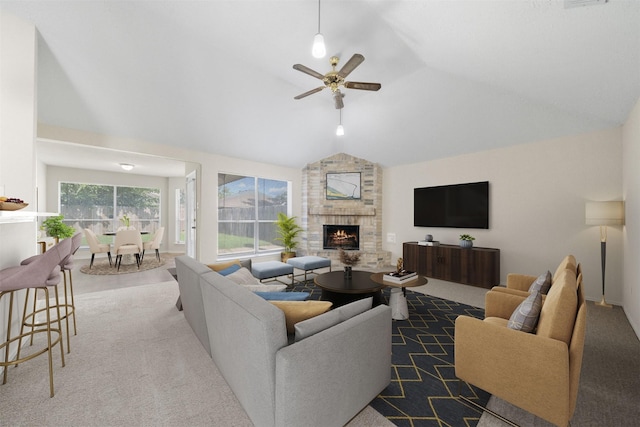 11423 Sunny Creek Dr, Houston, TX 77066 - carpeted living area featuring vaulted ceiling, a ceiling fan, and a fireplace