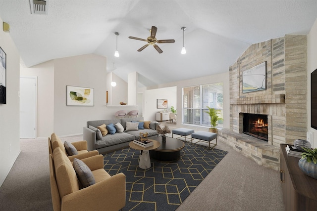 11423 Sunny Creek Dr, Houston, TX 77066 - carpeted living room featuring vaulted ceiling, a brick fireplace, a ceiling fan, and a textured ceiling