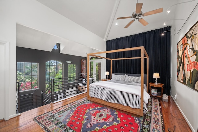 2614 Yoakum Blvd, Houston, TX 77006 - bedroom featuring hardwood / wood-style flooring, high vaulted ceiling, and ceiling fan
