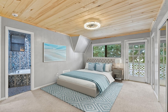 12901 E Barcelona, Galveston, TX 77554 - bedroom featuring carpet, wooden ceiling, access to exterior, crown molding, and wood walls