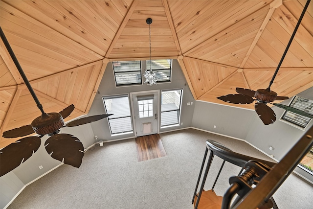 12901 E Barcelona, Galveston, TX 77554 - additional living space featuring carpet flooring, wood ceiling, a ceiling fan, and vaulted ceiling