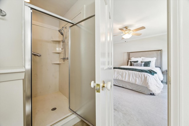 2065 Winrock Blvd Unit 55, Houston, TX 77057 - bathroom with ensuite bath, a shower stall, ceiling fan, and ornamental molding