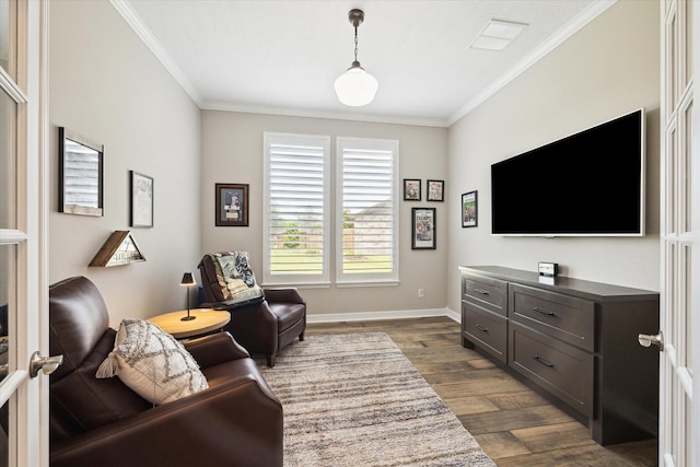 5946 Wedgewood Heights Way, Houston, TX 77059 - living room with dark wood-type flooring and crown molding