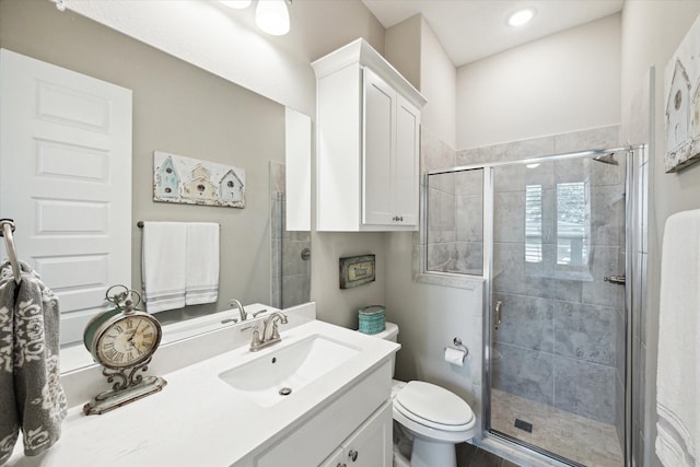 5946 Wedgewood Heights Way, Houston, TX 77059 - full bathroom featuring vanity, a shower stall, and recessed lighting