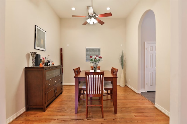 826 E 29th St, Houston, TX 77009 - dining area with arched walkways, recessed lighting, a ceiling fan, and light wood-style flooring