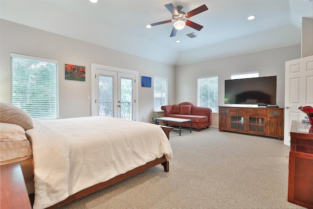 826 E 29th St, Houston, TX 77009 - bedroom featuring access to outside, light carpet, recessed lighting, ceiling fan, and vaulted ceiling