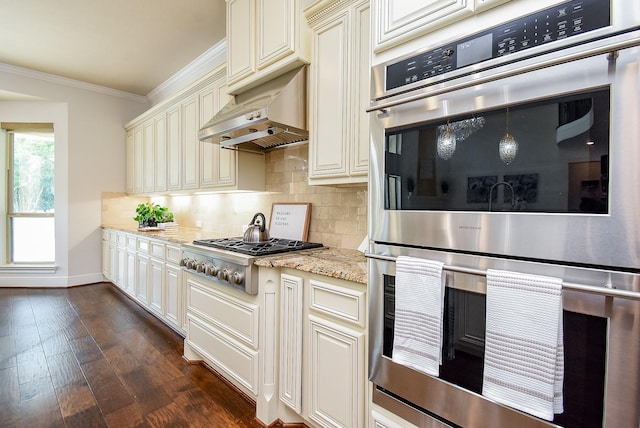 5450 Pudman River Ln, Sugar Land, TX 77479 - kitchen with appliances with stainless steel finishes, ornamental molding, tasteful backsplash, dark wood-style floors, and light stone countertops