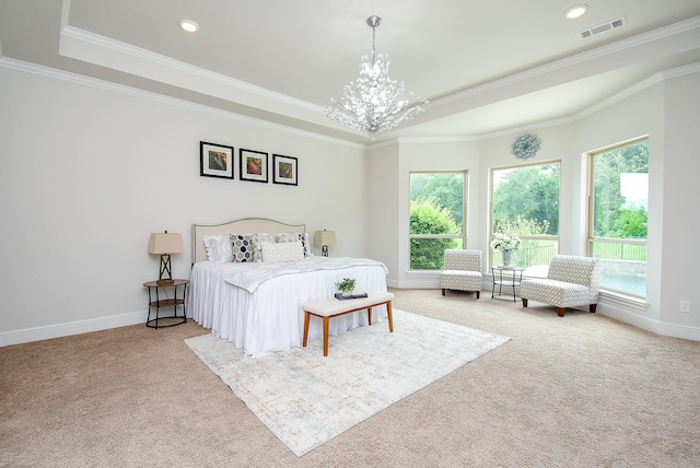 5450 Pudman River Ln, Sugar Land, TX 77479 - bedroom featuring carpet floors, a raised ceiling, a chandelier, crown molding, and recessed lighting