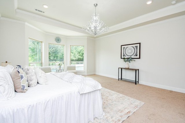 5450 Pudman River Ln, Sugar Land, TX 77479 - bedroom featuring a chandelier, a raised ceiling, carpet flooring, crown molding, and recessed lighting