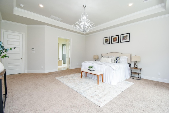 5450 Pudman River Ln, Sugar Land, TX 77479 - carpeted bedroom with a tray ceiling, a chandelier, crown molding, recessed lighting, and connected bathroom