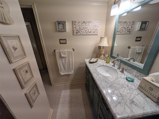 14453 Misty Meadow Ln, Houston, TX 77079 - bathroom featuring crown molding, vanity, and tile patterned floors