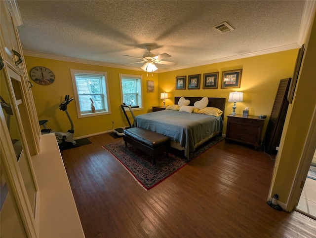 14453 Misty Meadow Ln, Houston, TX 77079 - bedroom featuring dark wood-style flooring, crown molding, a textured ceiling, and ceiling fan